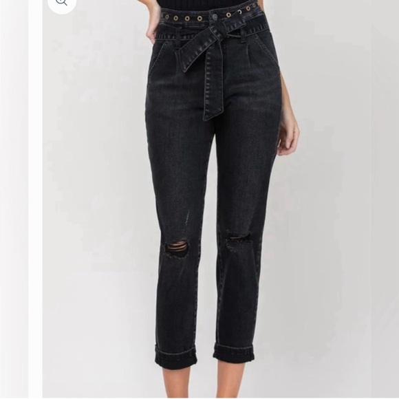 Vervet 29 Black Erika Stretch Mom Jeans | High Waist | Distressed | Tie Waist - Picture 11 of 16
